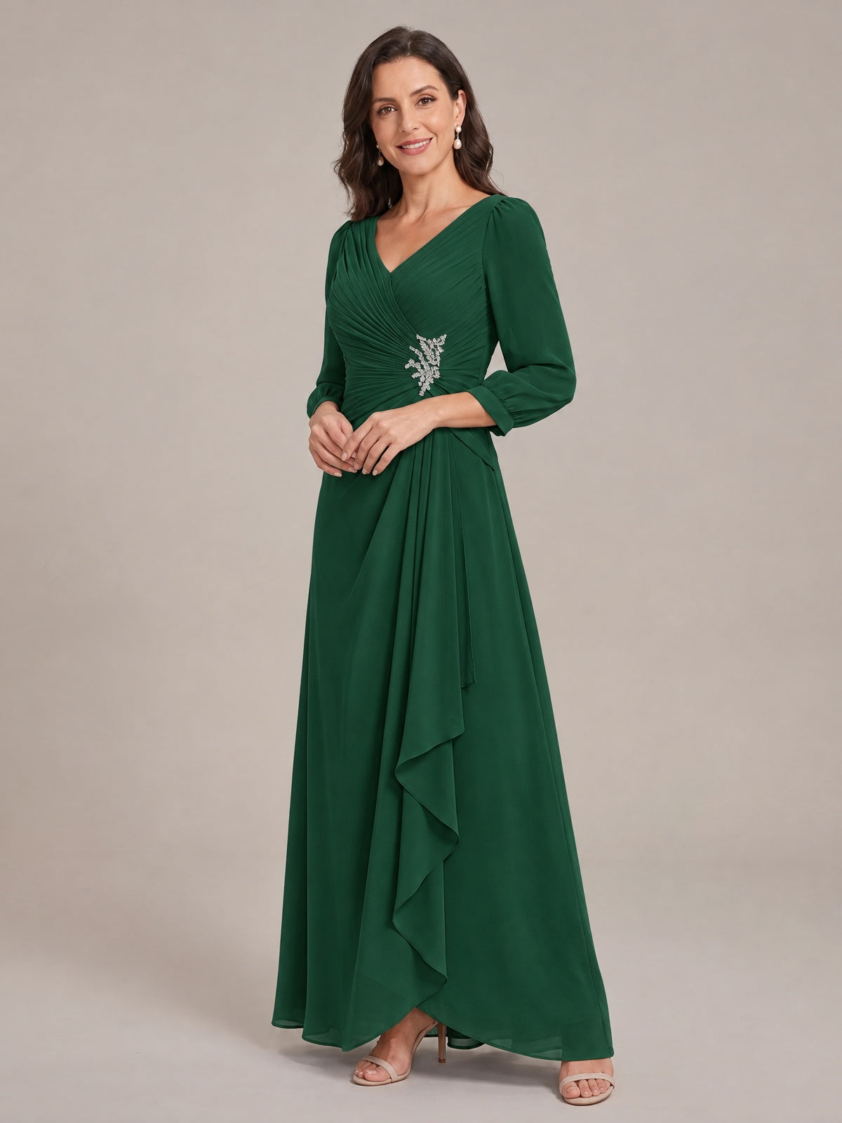V-Neck Pleated Chiffon Mother of the Bride Dress with Flutter Sleeves
