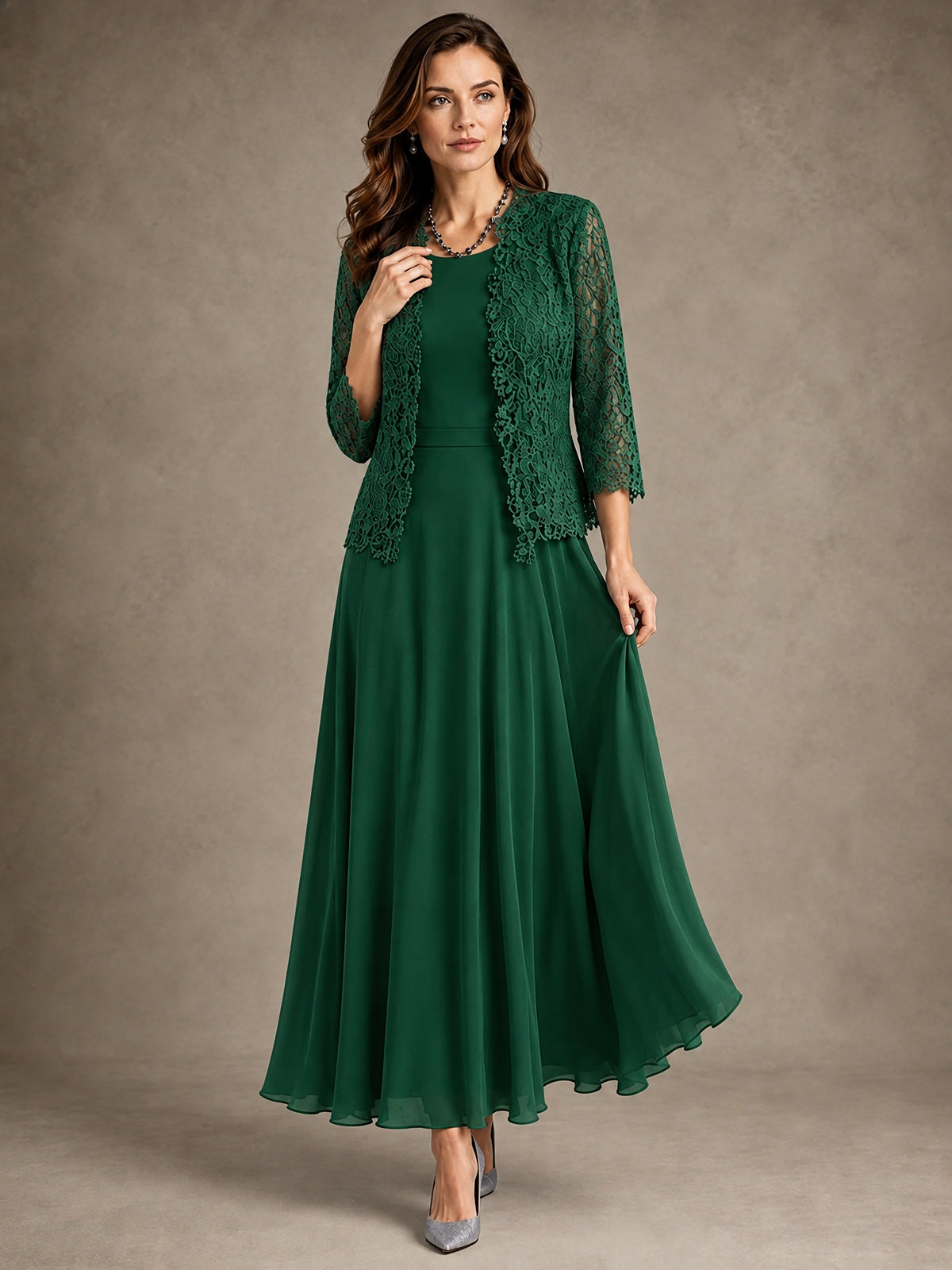 2-Piece Chiffon Mother of the Bride Dress with Lace Jacket