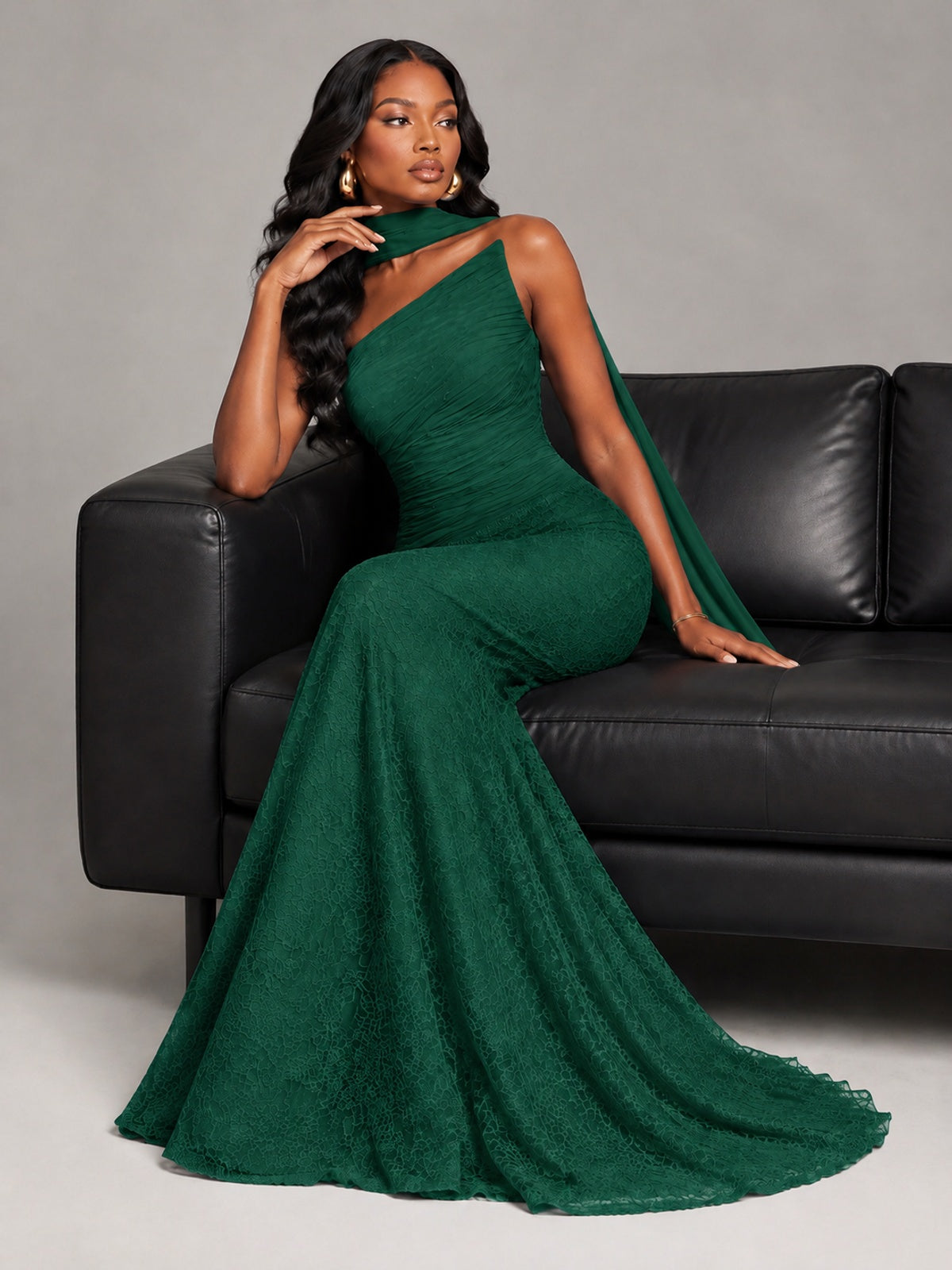 Pleated Chiffon Lace Prom Dresses Long Bodycon Mermaid with Scarf