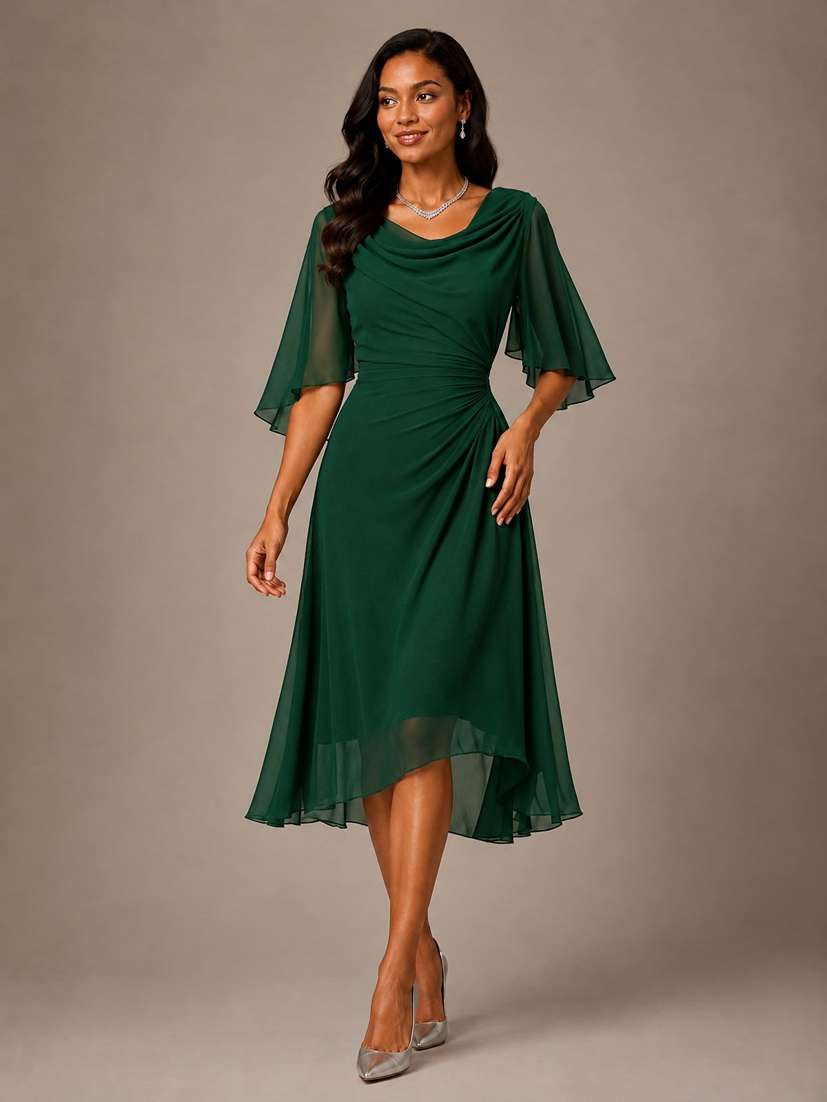 Cowl Neck Ruched Chiffon Mother of the Bride Dresses with Flutter Sleeves