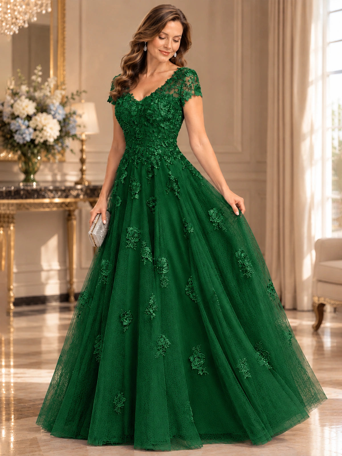 Lace Appliques A-line Mother of The Bride Dresses with Short Sleeves
