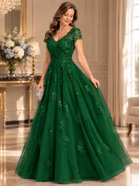 Lace Appliques A-line Mother of The Bride Dresses with Short Sleeves