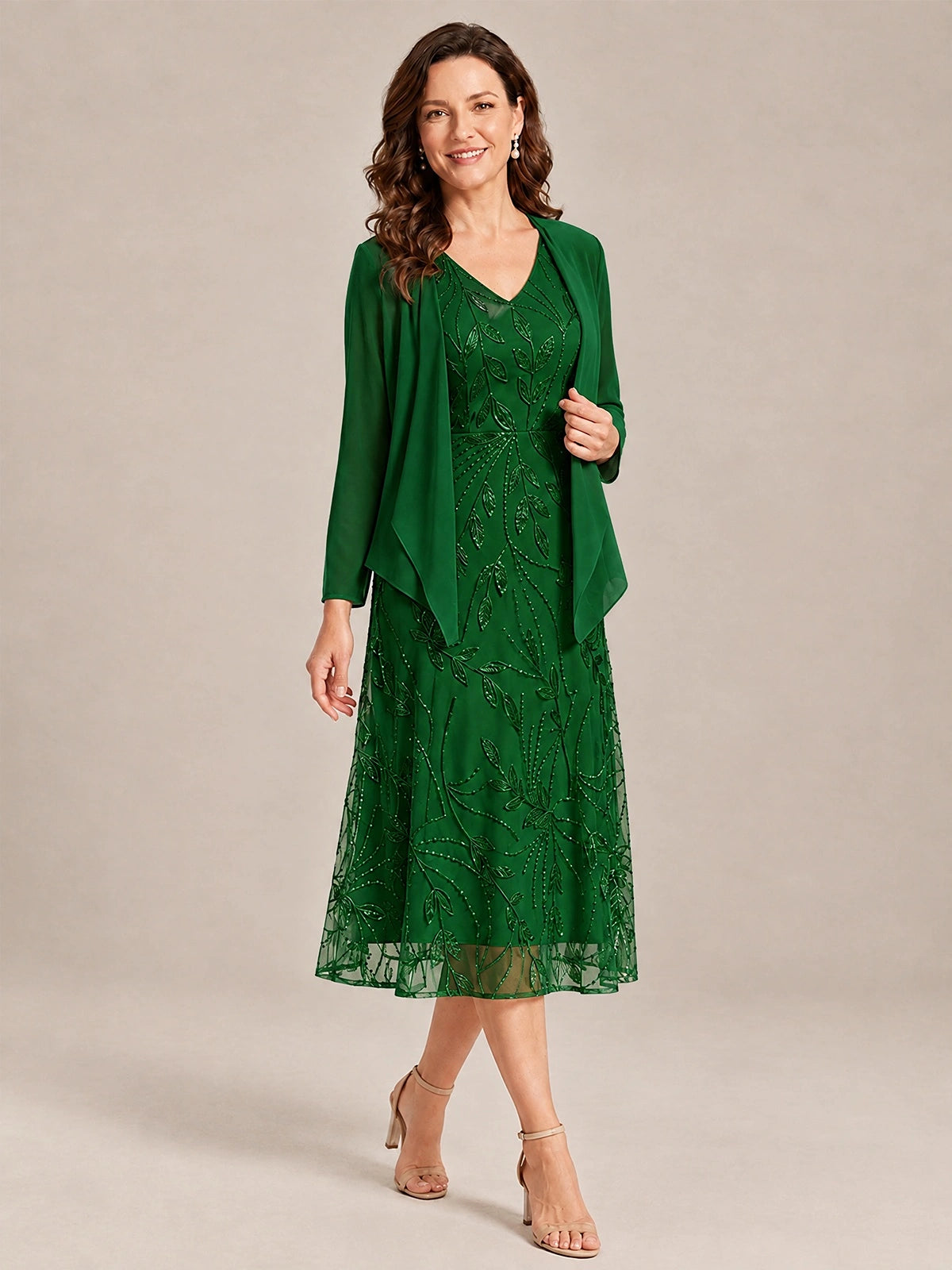 Tea Length Sequin Lace Mother of the Bride Dress with Chiffon Jacket