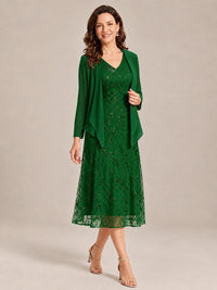 Tea Length Sequin Lace Mother of the Bride Dress with Chiffon Jacket