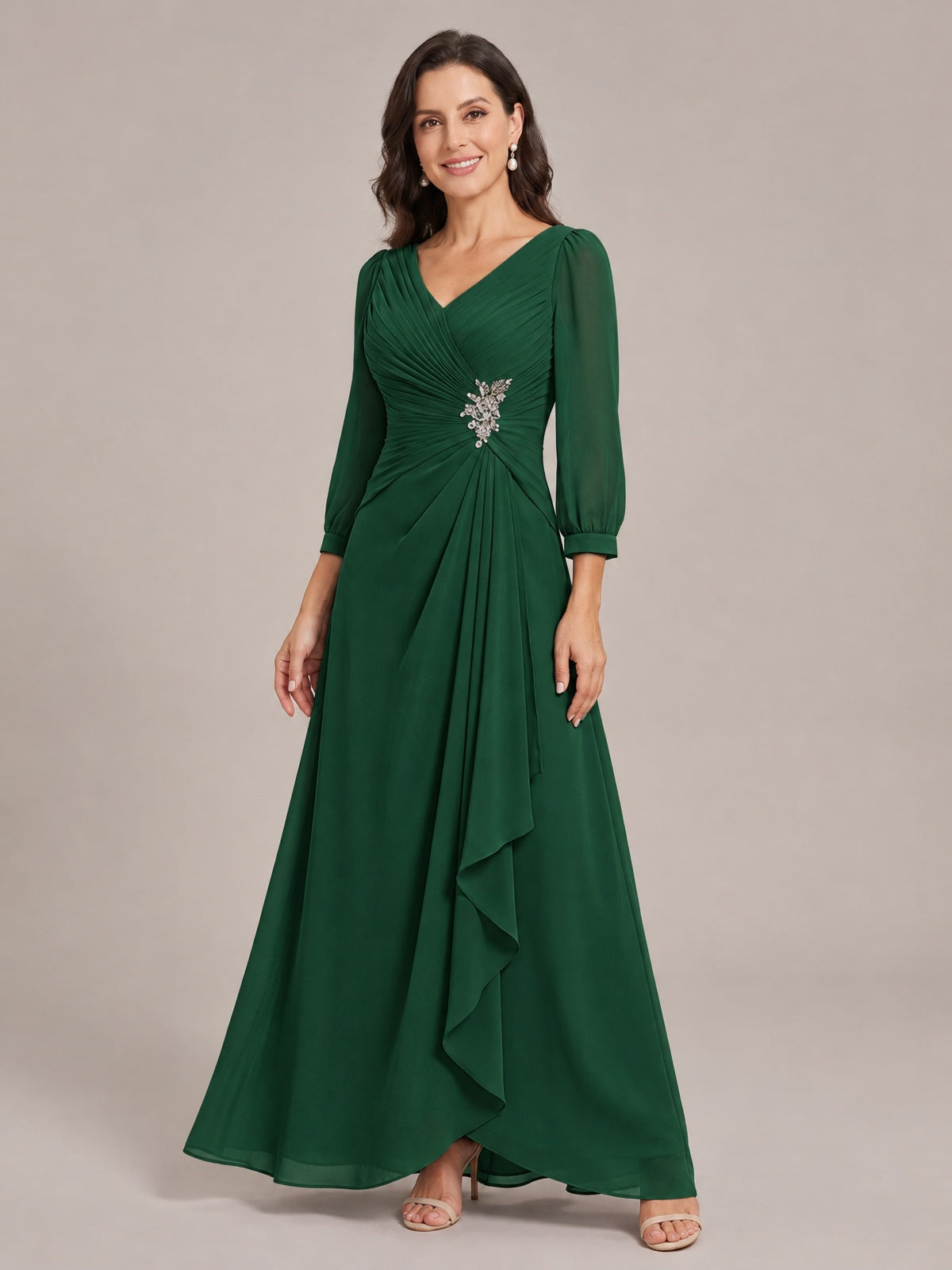 V-Neck Pleated Chiffon Mother of the Bride Dress with Flutter Sleeves