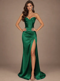 Dusty Blue Strapless Lace Corset Prom Dress with High Slit