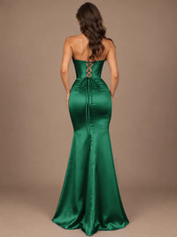 Dusty Blue Strapless Lace Corset Prom Dress with High Slit