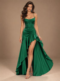 Burgundy Spaghetti Strap Ruched Prom Dress with Ruffled High Slit