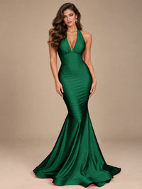 Pink Halter Deep V-Neck Ruched Mermaid Prom Dress