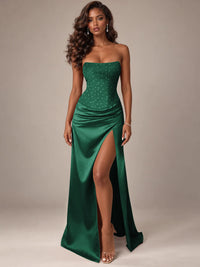 Burgundy Strapless Sparkly Corset Prom Dress with High Slit
