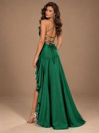 Burgundy Spaghetti Strap Ruched Prom Dress with Ruffled High Slit