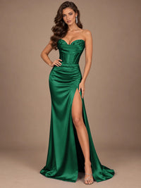 Dusty Blue Strapless Lace Corset Prom Dress with High Slit