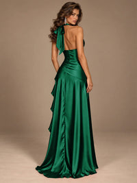 Burgundy Halter Deep V-Neck Ruched High Slit Ruffle Prom Dress
