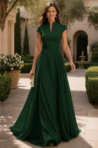 V Neck Cap Sleeve A-Line Floor-Length Satin Bridesmaid Dress