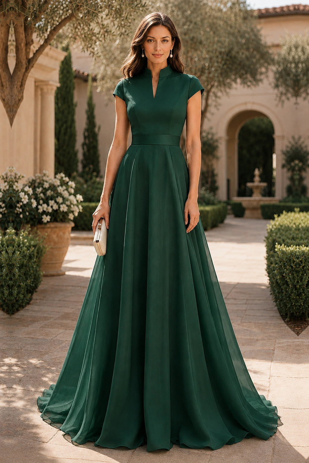 V Neck Cap Sleeve A-Line Floor-Length Satin Bridesmaid Dress