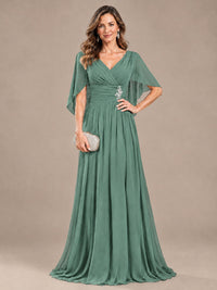 Ruched V Neck Mother of The Bride Dresses with Shawls Appliques and Cap Sleeves