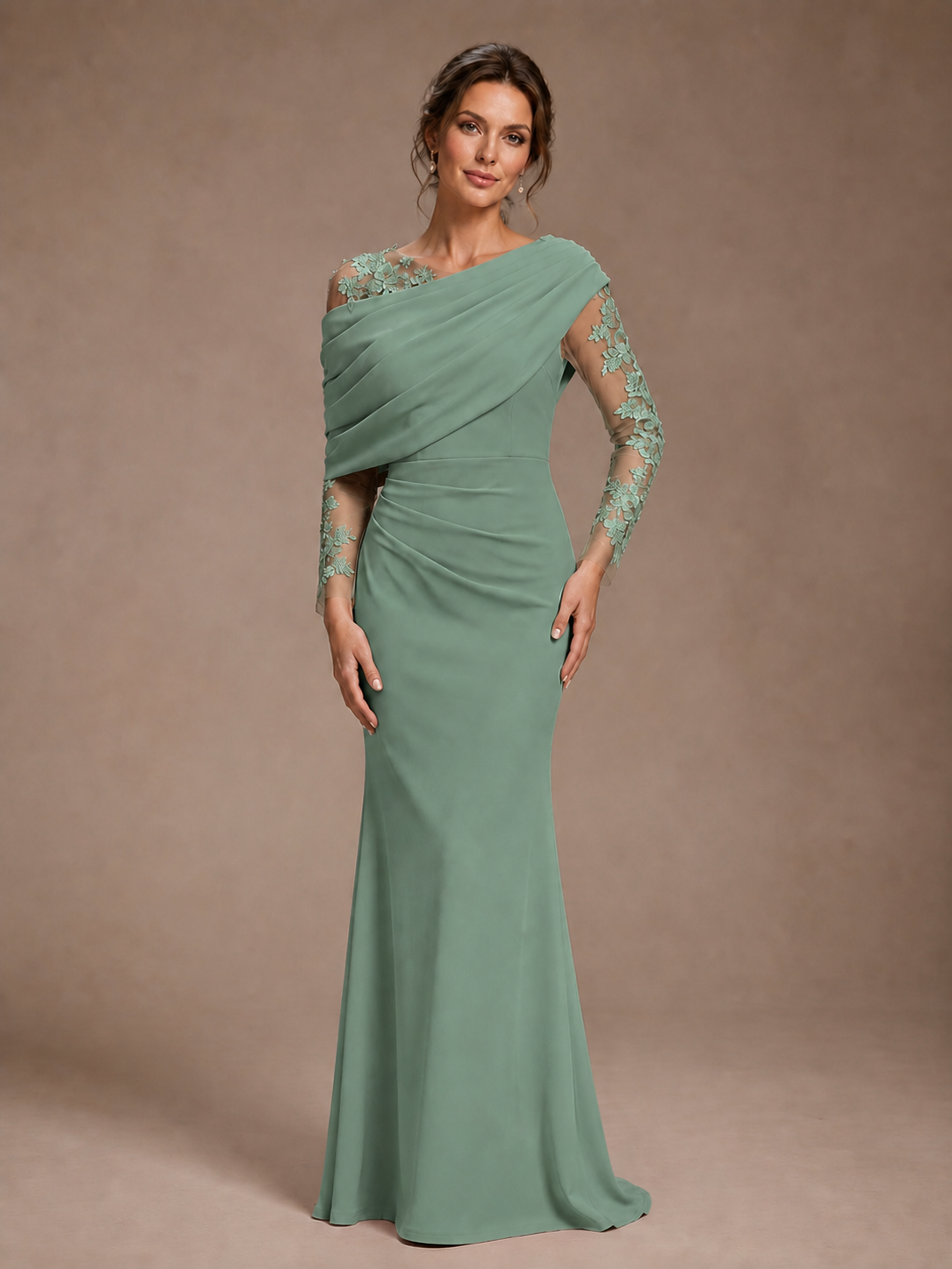 Dusty Rose Illusion Long Sleeve Chiffon Applique Mother of The Bride Dress