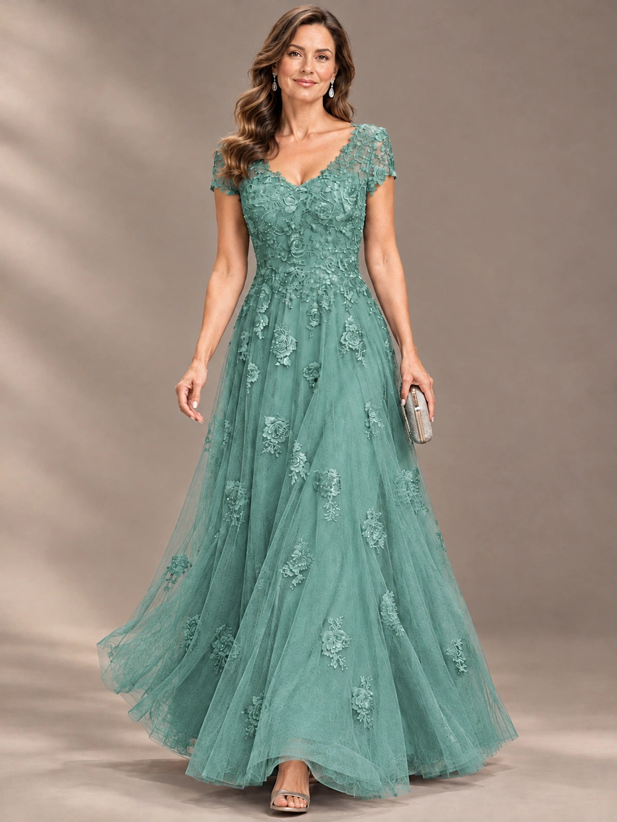 Lace Appliques A-line Mother of The Bride Dresses with Short Sleeves