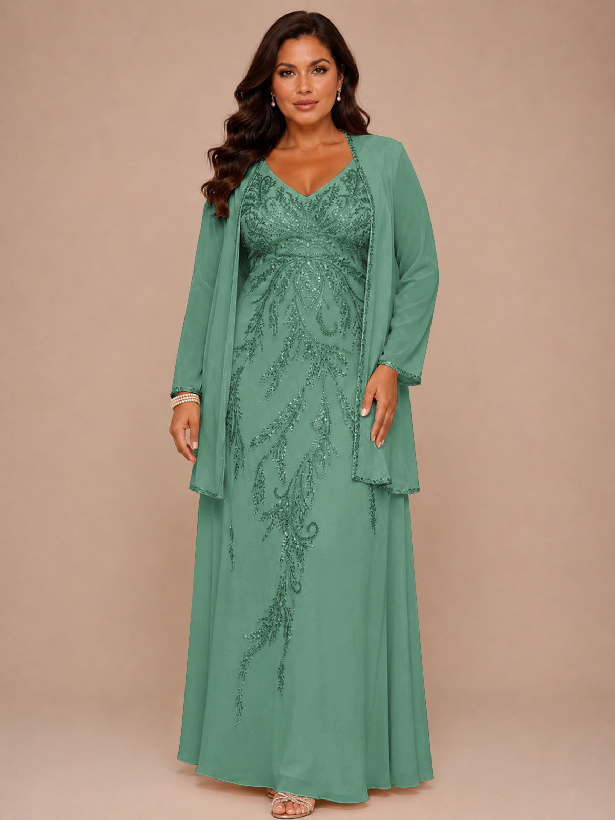 Champagne Beaded Chiffon Mother of the Bride Dress with Jacket V-Neck Gown