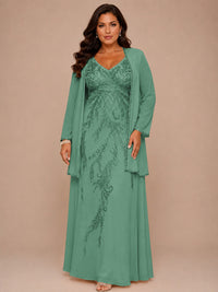 Champagne Beaded Chiffon Mother of the Bride Dress with Jacket V-Neck Gown
