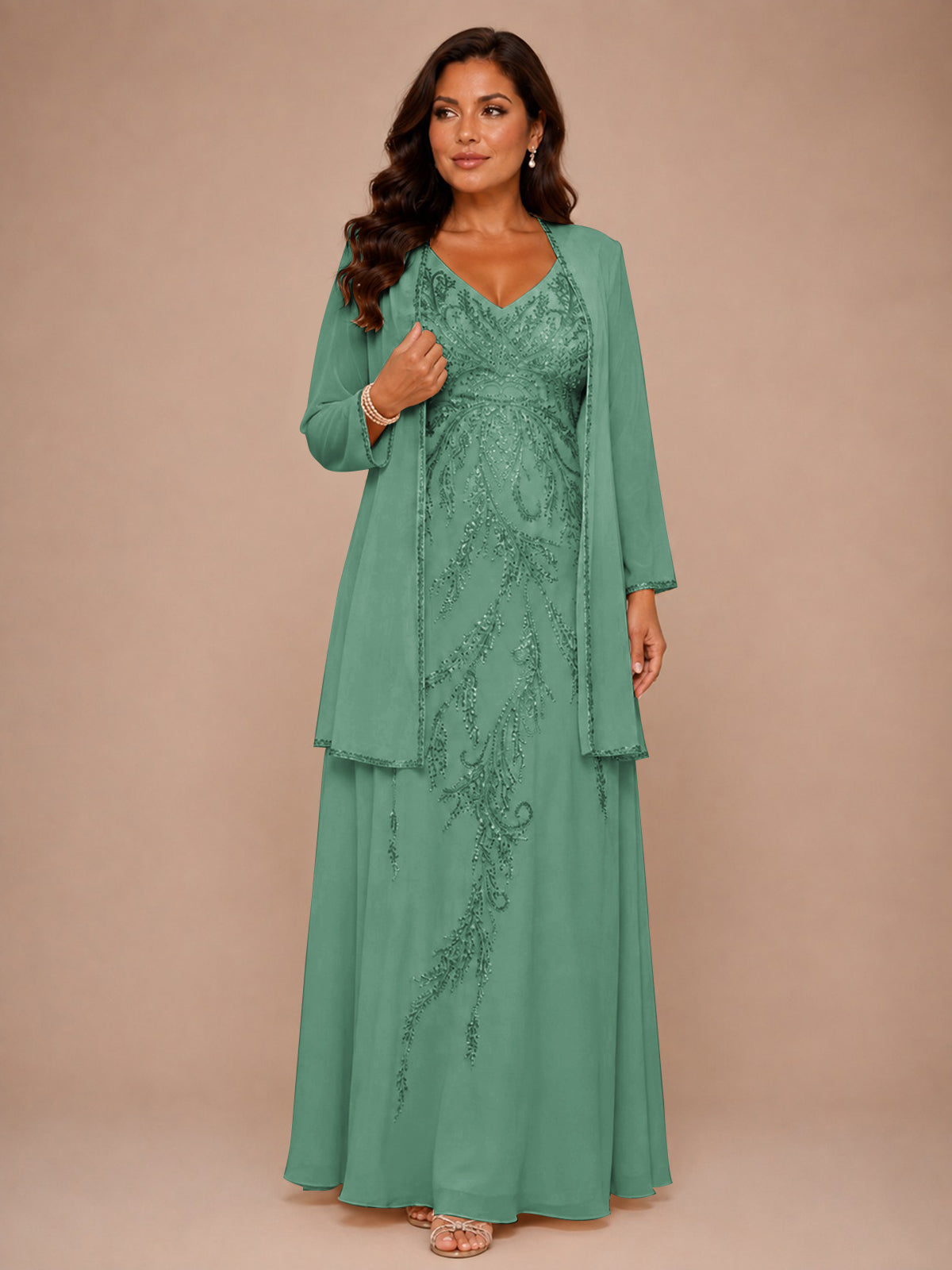 Champagne Beaded Chiffon Mother of the Bride Dress with Jacket V-Neck Gown