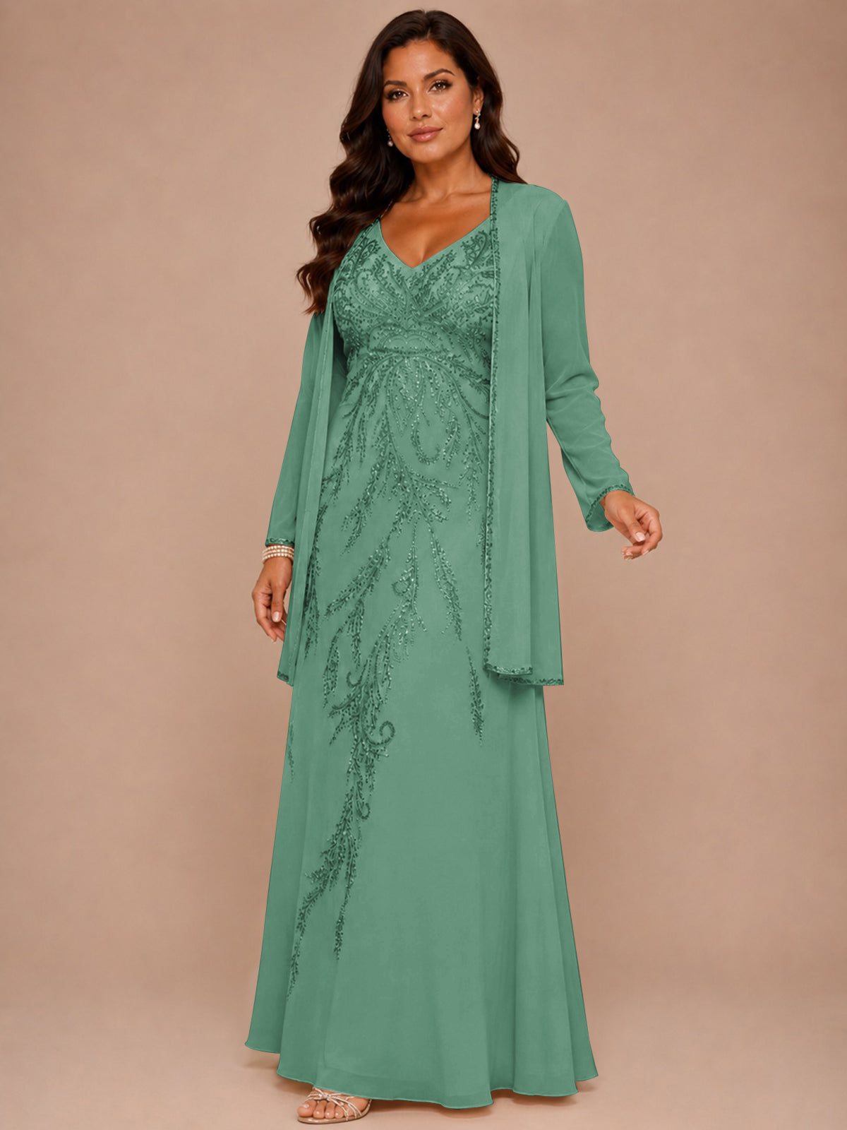 Champagne Beaded Chiffon Mother of the Bride Dress with Jacket V-Neck Gown