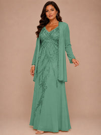 Champagne Beaded Chiffon Mother of the Bride Dress with Jacket V-Neck Gown