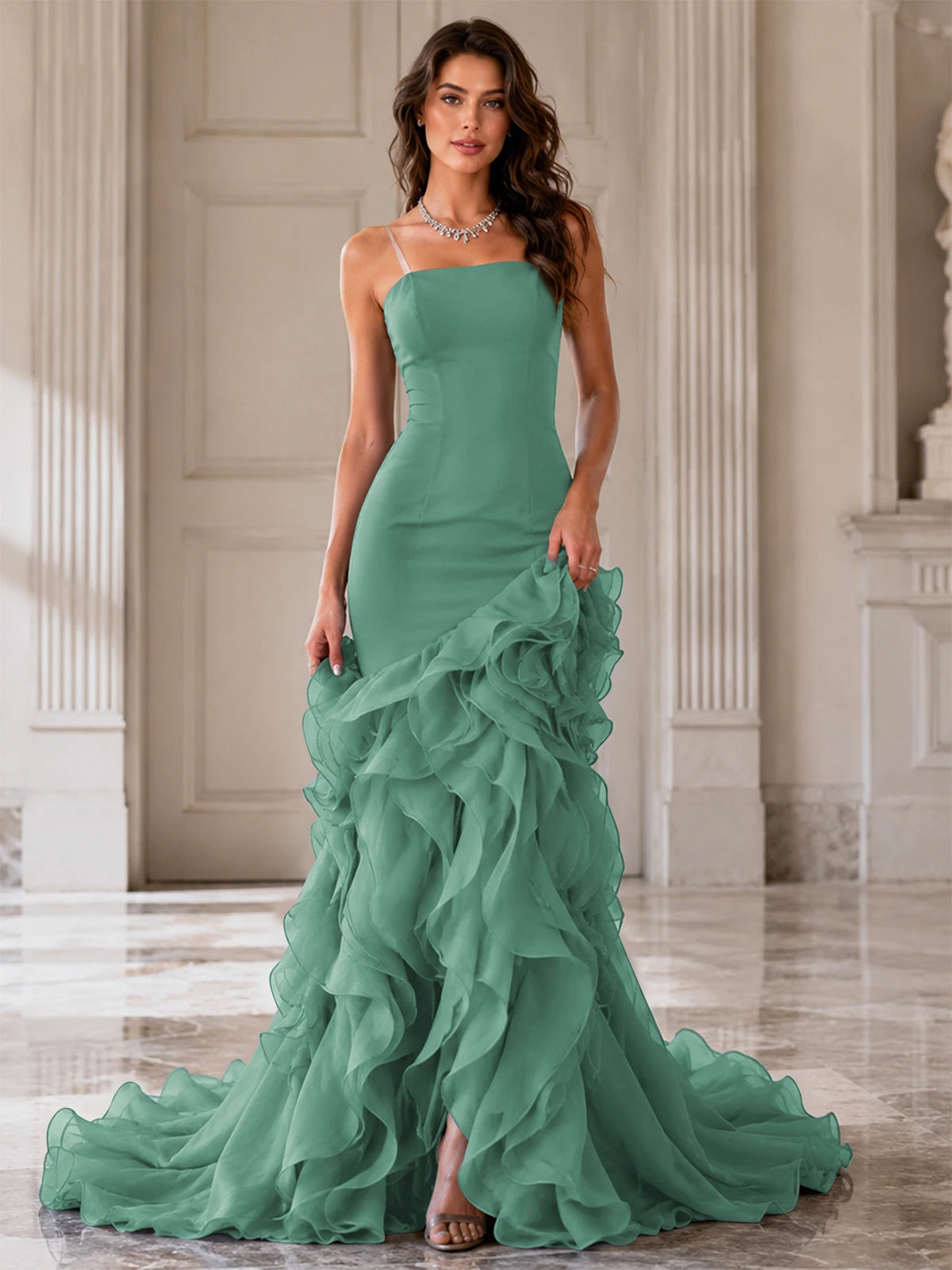 Mermaid Formal Evening Dress with Layered Ruffle Train