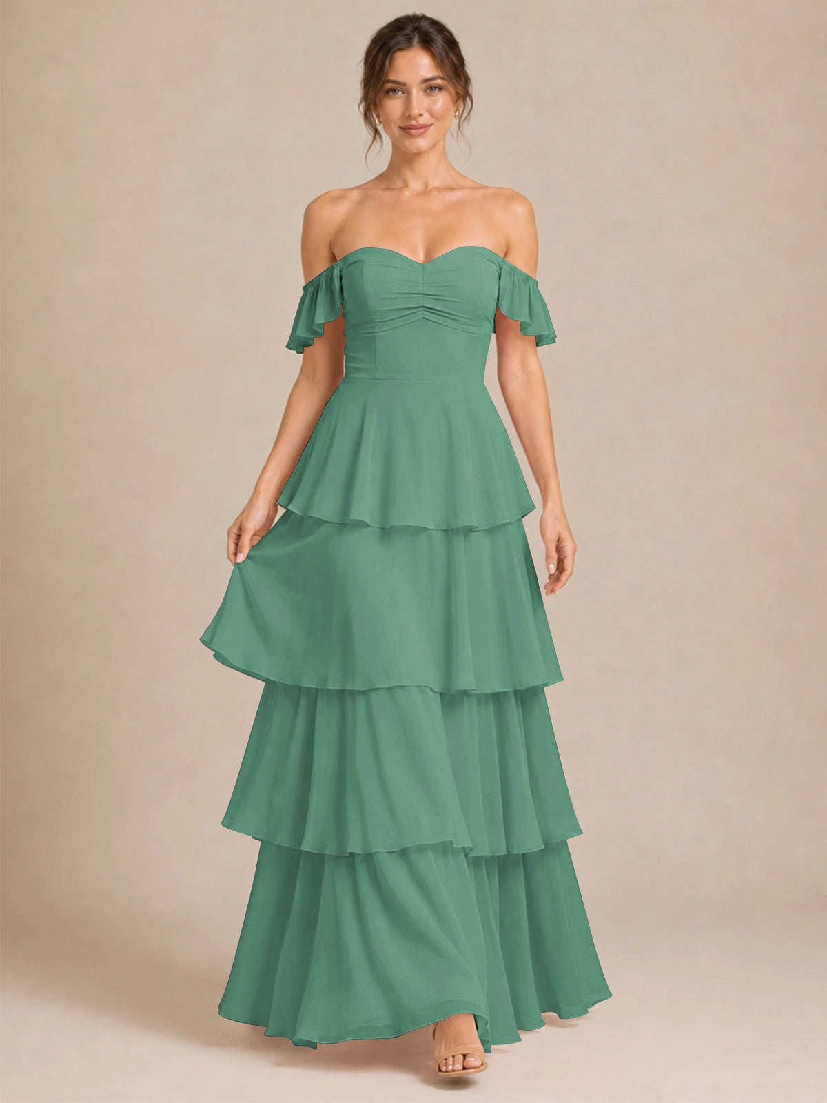 Off Shoulder Tiered Chiffon A-Line Bridesmaid Dress