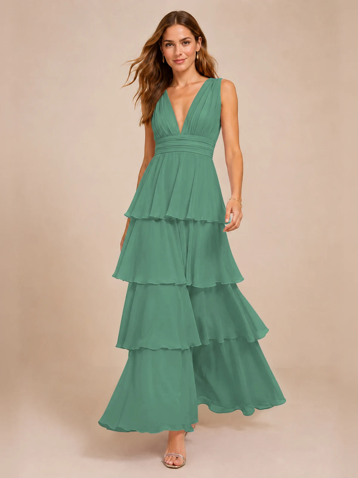 Elegant Deep V Neck Chiffon Bridesmaid Dress with Tiered Ruffles