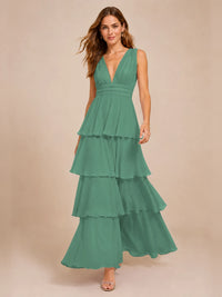 Elegant Deep V Neck Chiffon Bridesmaid Dress with Tiered Ruffles