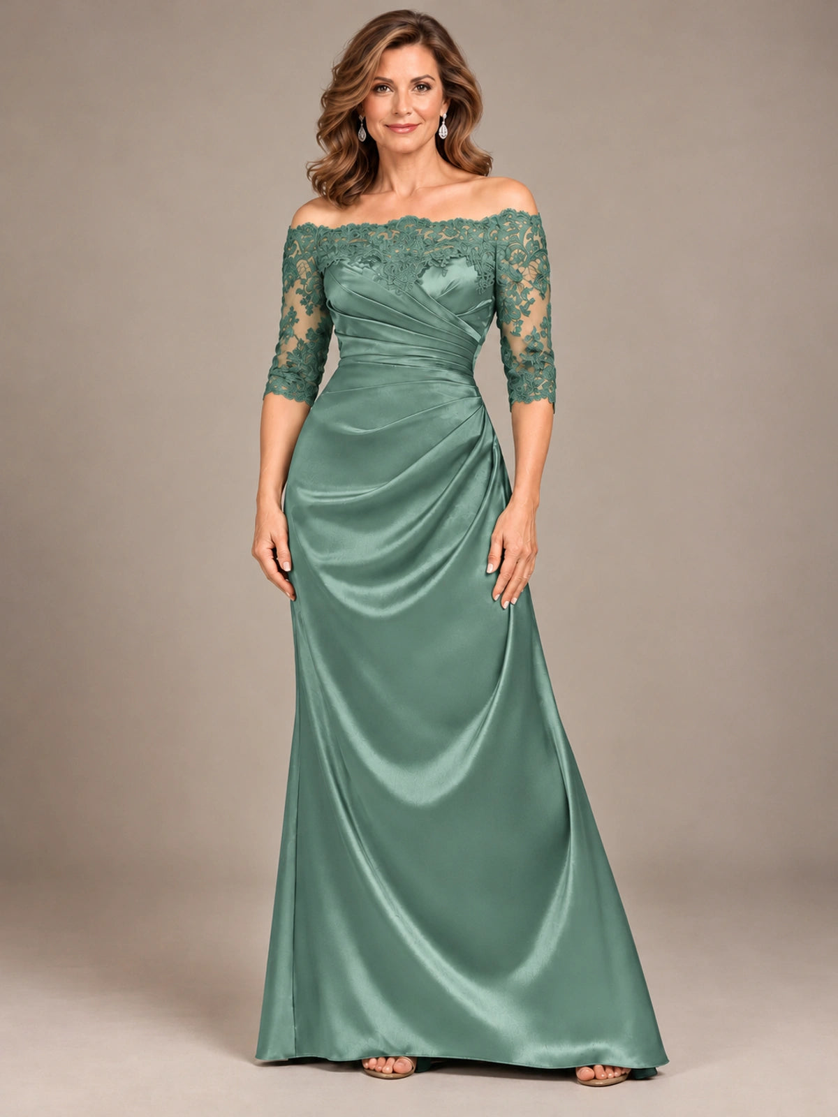 Satin Mother of the Bride Dress with Lace Sleeves Off Shoulder Formal Gown