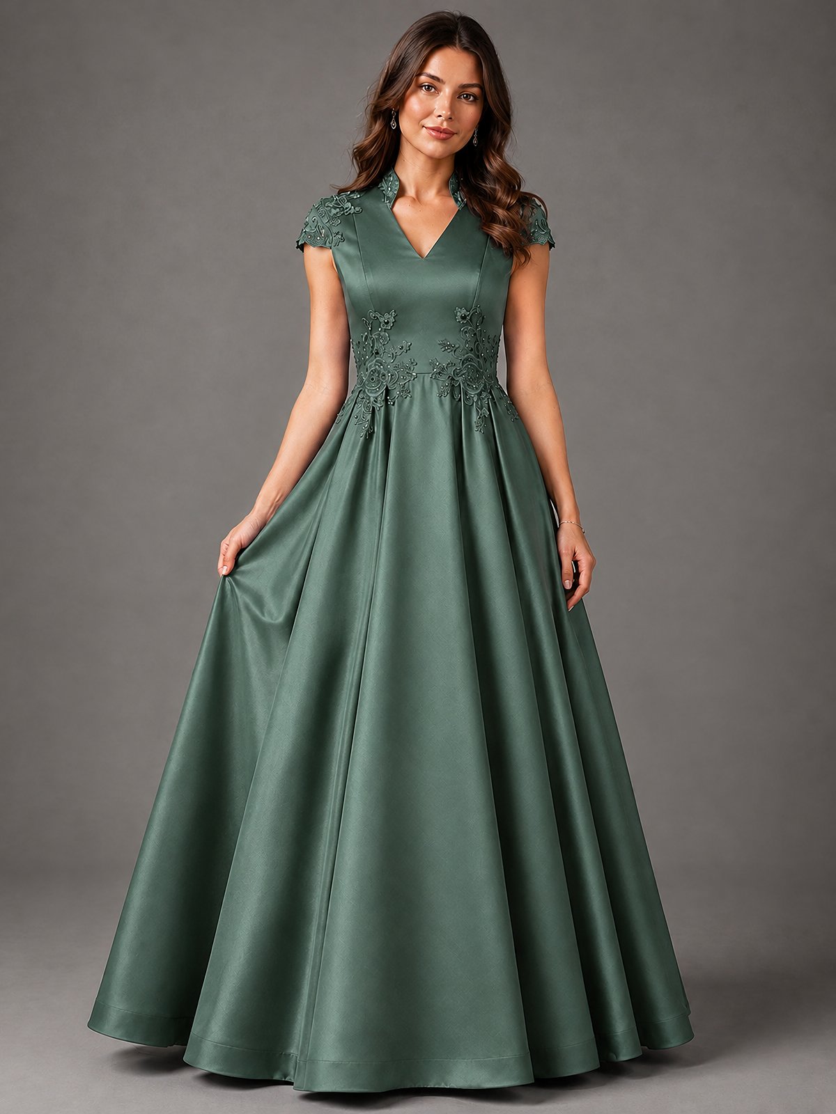Lace Appliqué A-Line Satin Maxi Dress