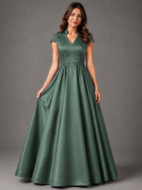 Lace Appliqué A-Line Satin Maxi Dress