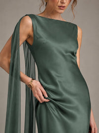 Burgundy Satin Mermaid Cape Maxi Dress