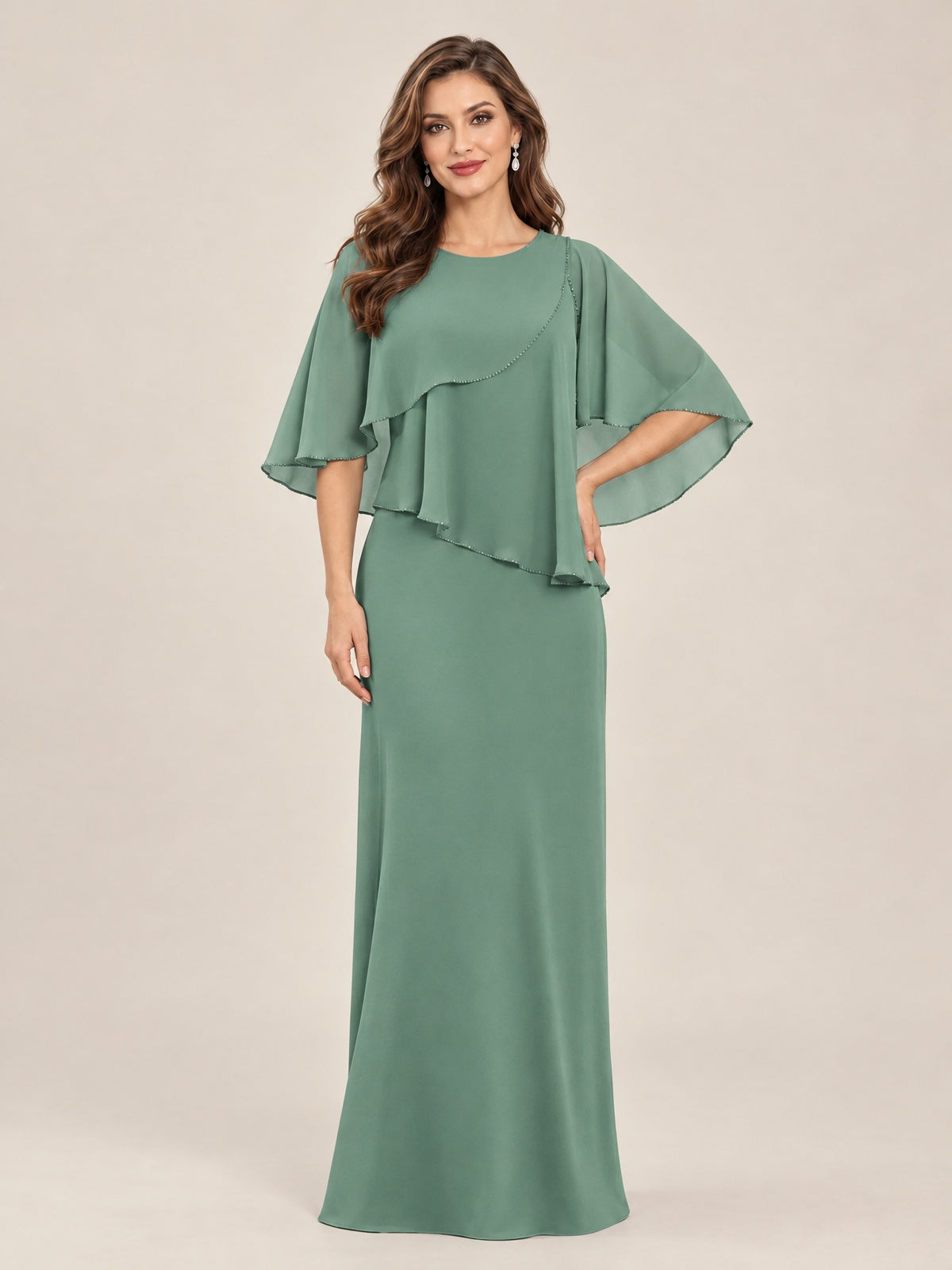 Eucalyptus-Chiffon 2 Piece A Line Mother of The Bride Dresses with Cape