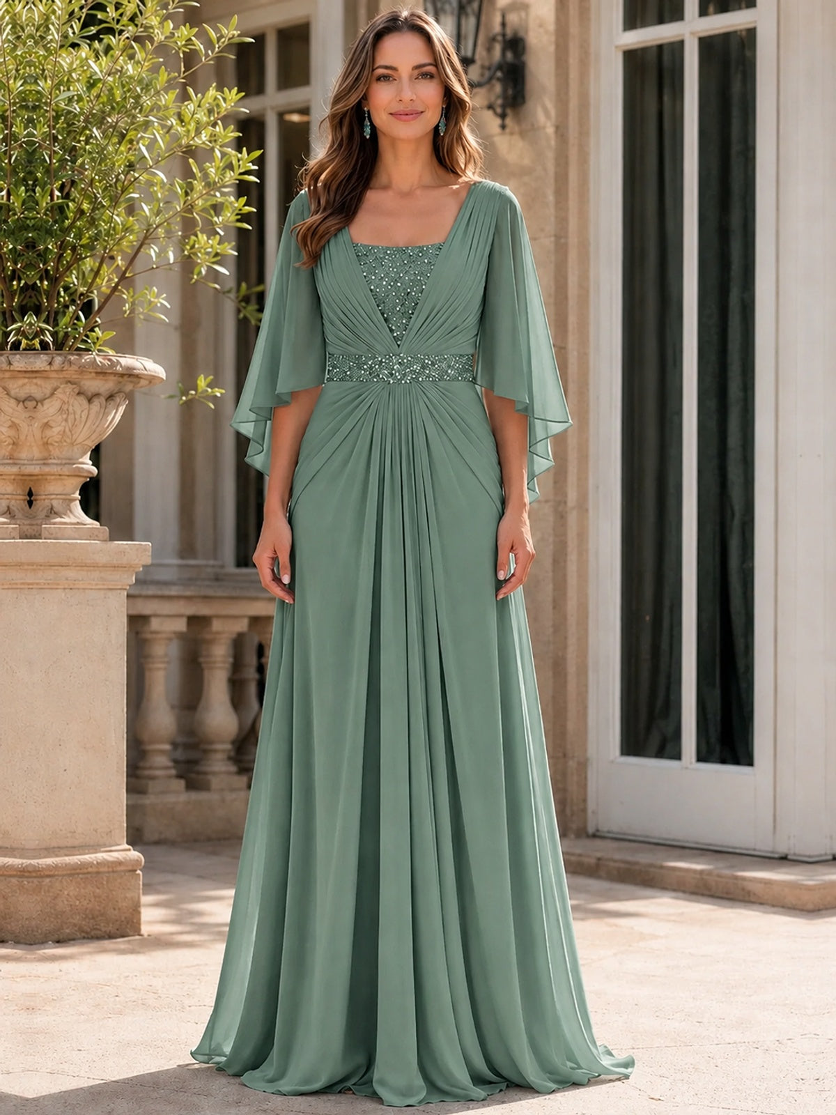Elegant V-Neck Sequined Chiffon Mother of the Bride Dress with Flutter Sleeves