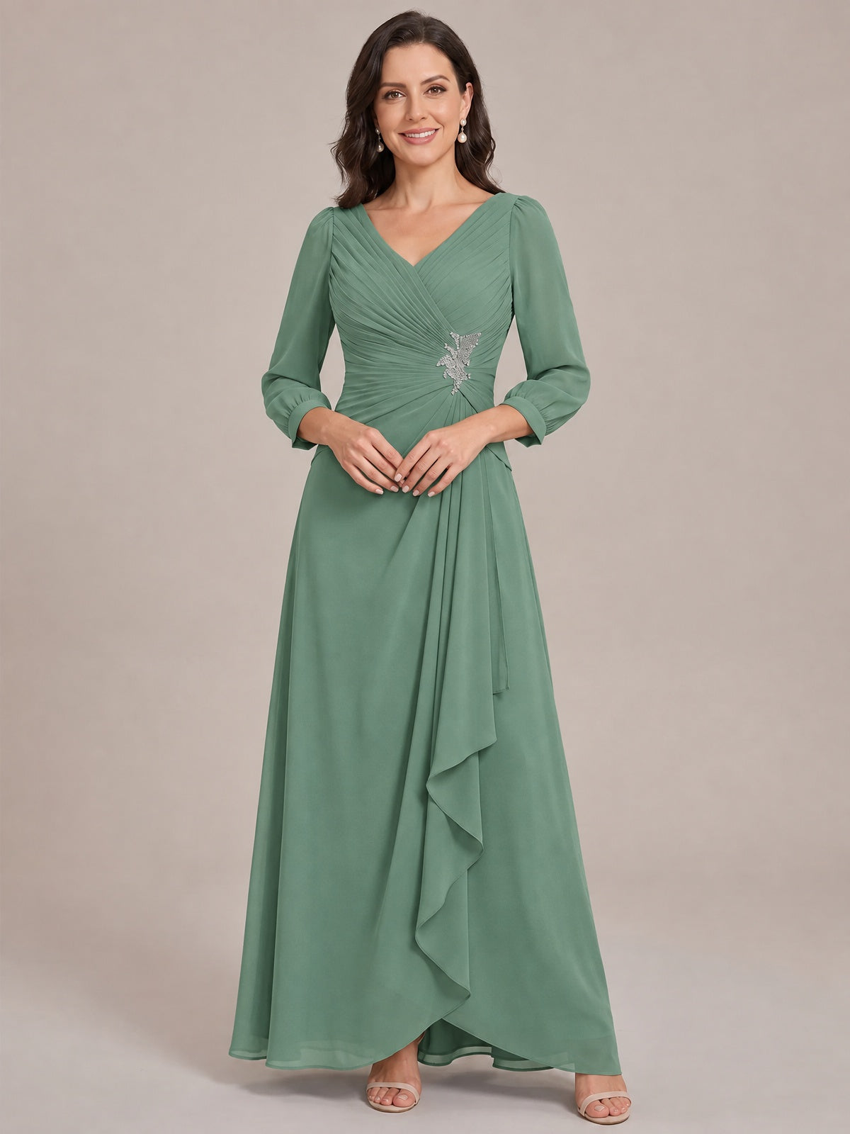 Eucalyptus-Long Sleeve Chiffon Beaded Mother of The Bride Dresses for Women