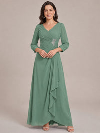 Eucalyptus-Long Sleeve Chiffon Beaded Mother of The Bride Dresses for Women