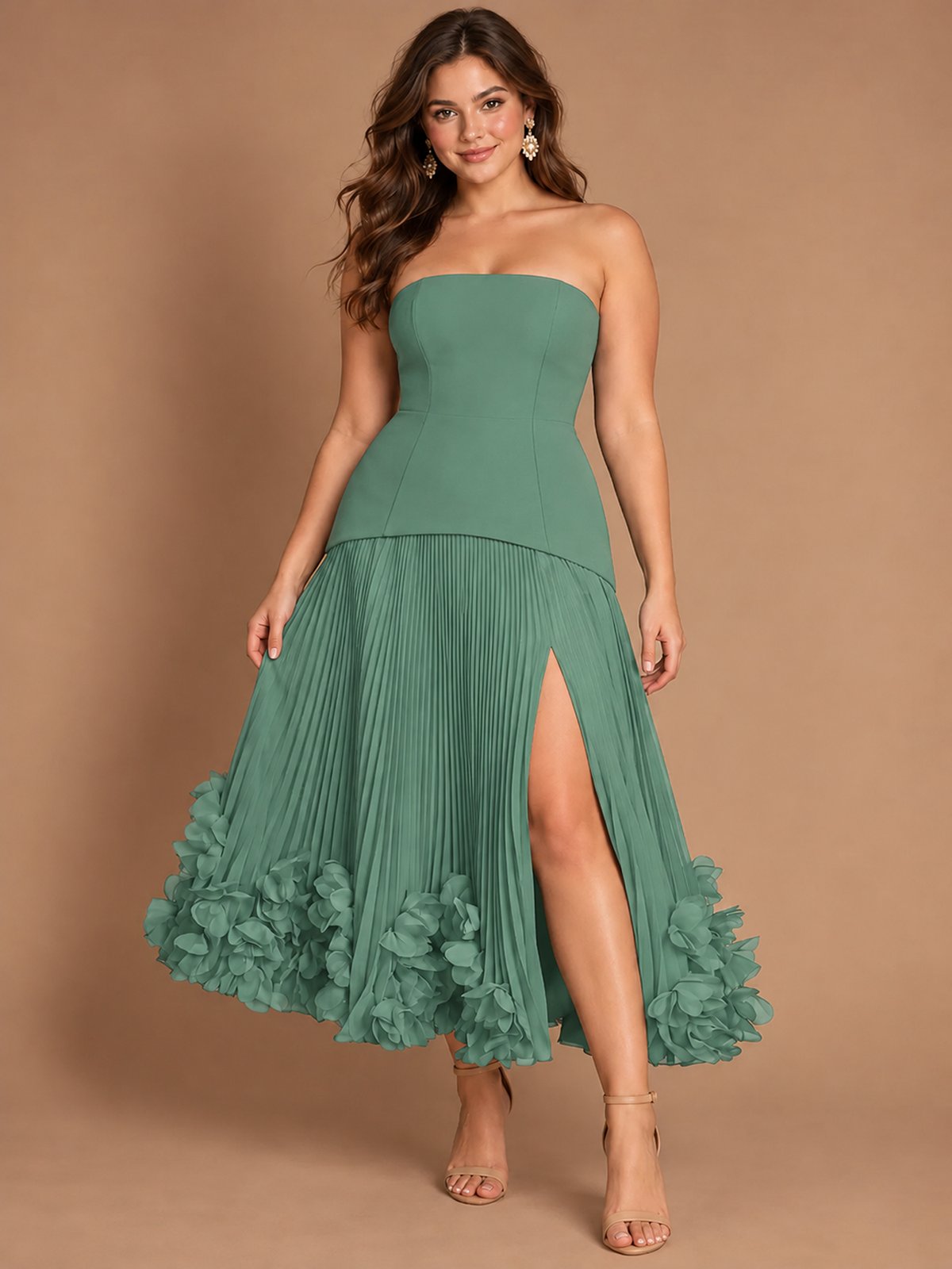 Navy Blue Strapless Pleated A-Line Midi Dress with 3D Floral Applique