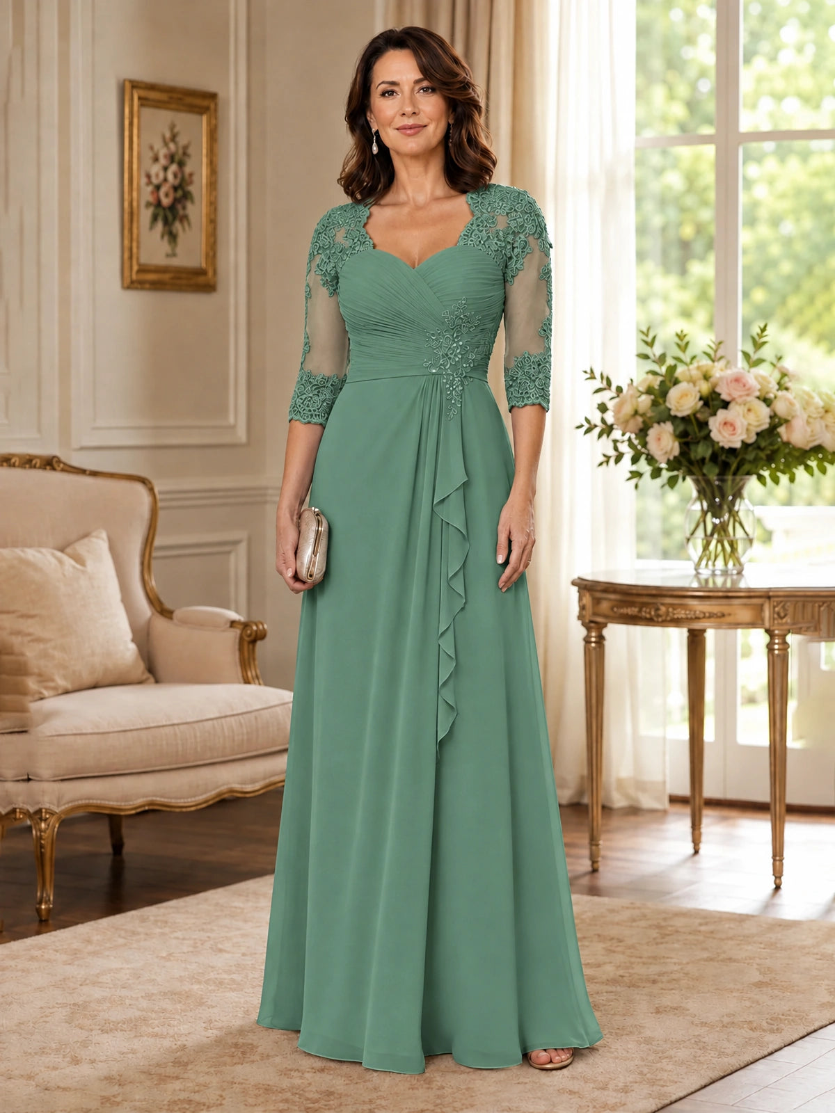 Chiffon Lace Applique Mother of the Bride Dress with 3/4 Sleeves