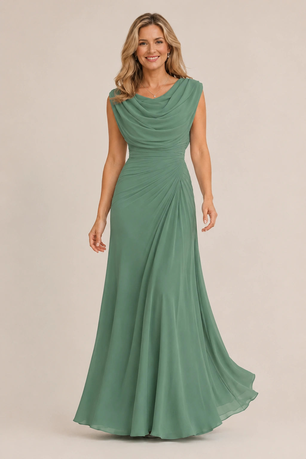 Cowl Neck Ruched Chiffon Mother of the Bride Dress