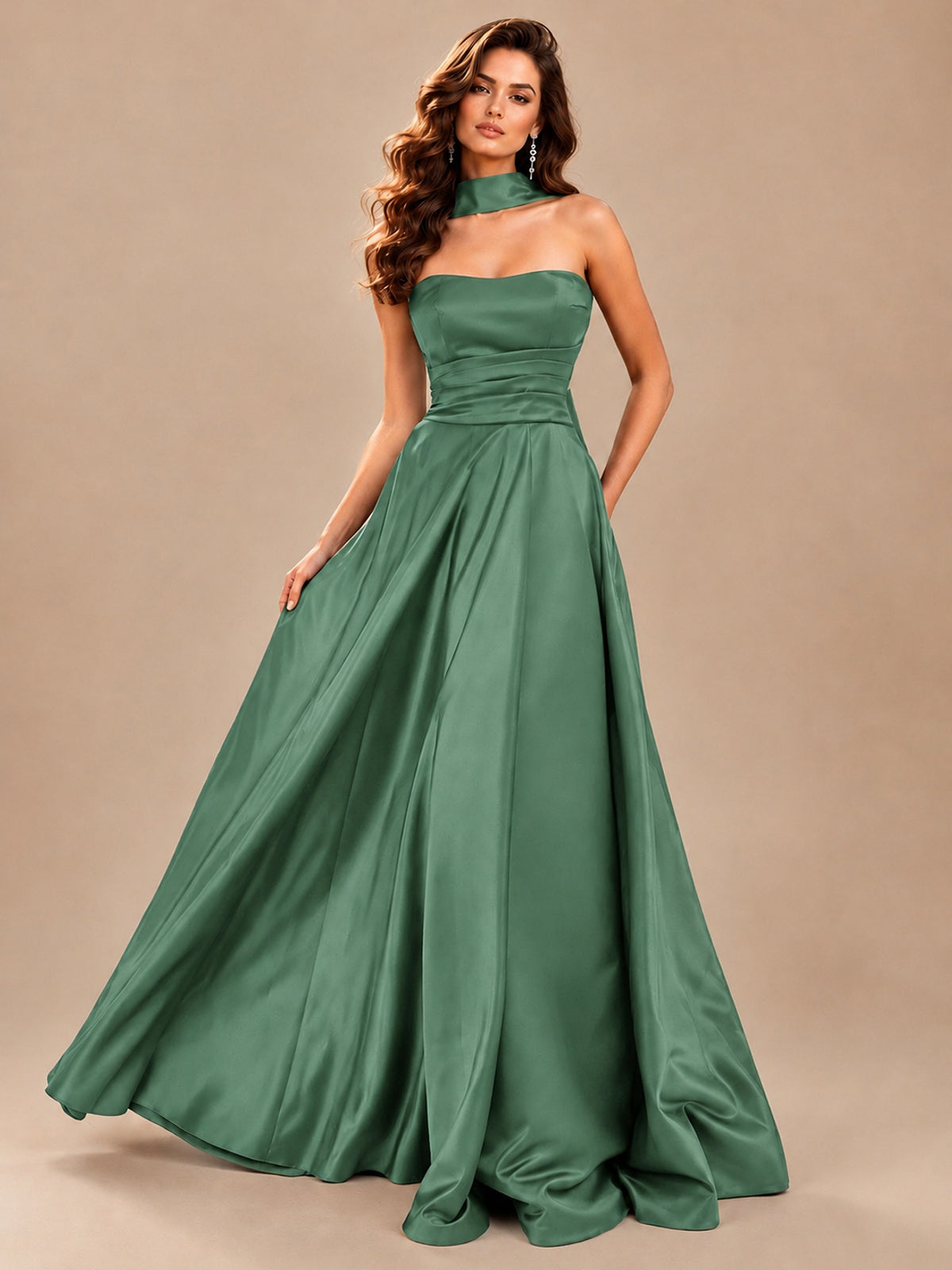 Strapless Prom Dress Side High Slit A-line Formal Dress with Scarf