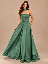 Strapless Prom Dress Side High Slit A-line Formal Dress with Scarf