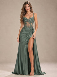 Mermaid Satin Prom Dress with Floral Appliqué Corset and High Slit