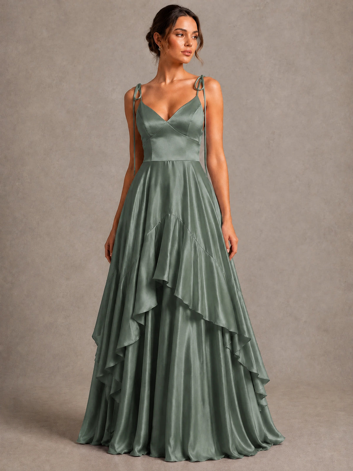 Lavender Satin V-Neck Ruffle Maxi Dress