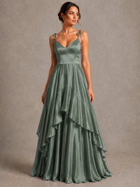 Lavender Satin V-Neck Ruffle Maxi Dress