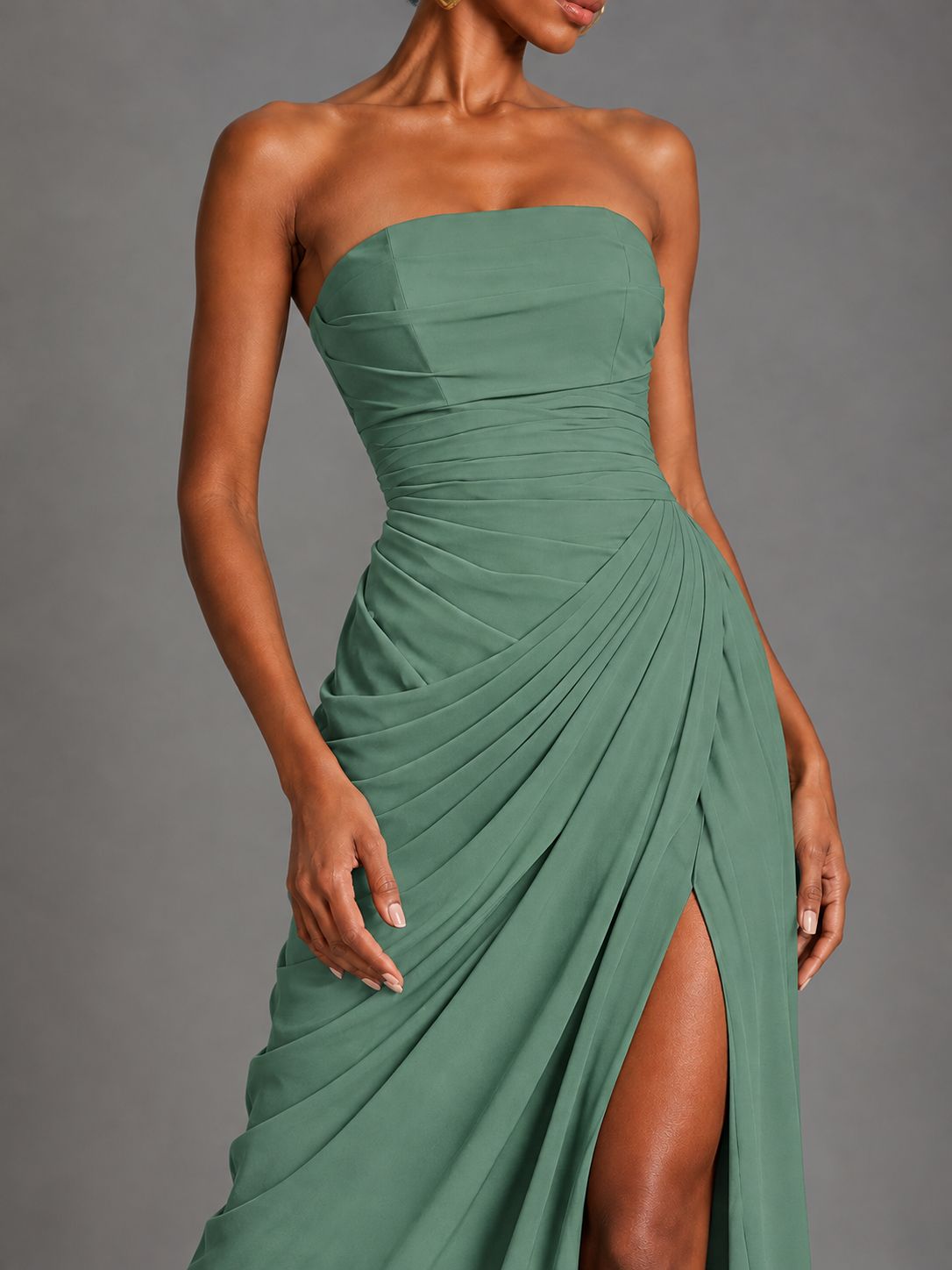 Strapless Bodycon Pleated Chiffon Formal Dress with Slit