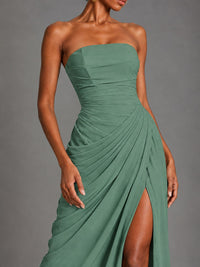 Strapless Bodycon Pleated Chiffon Formal Dress with Slit