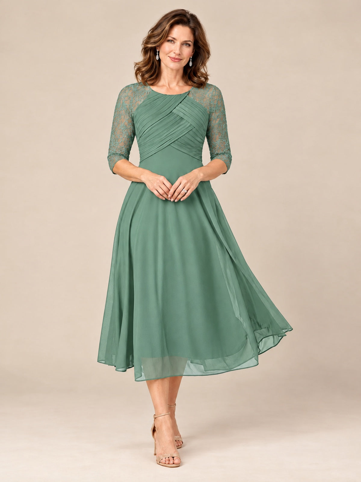 Eucalyptus-Lace Applique Pleated Tea Length Mother of The Bride Dresses